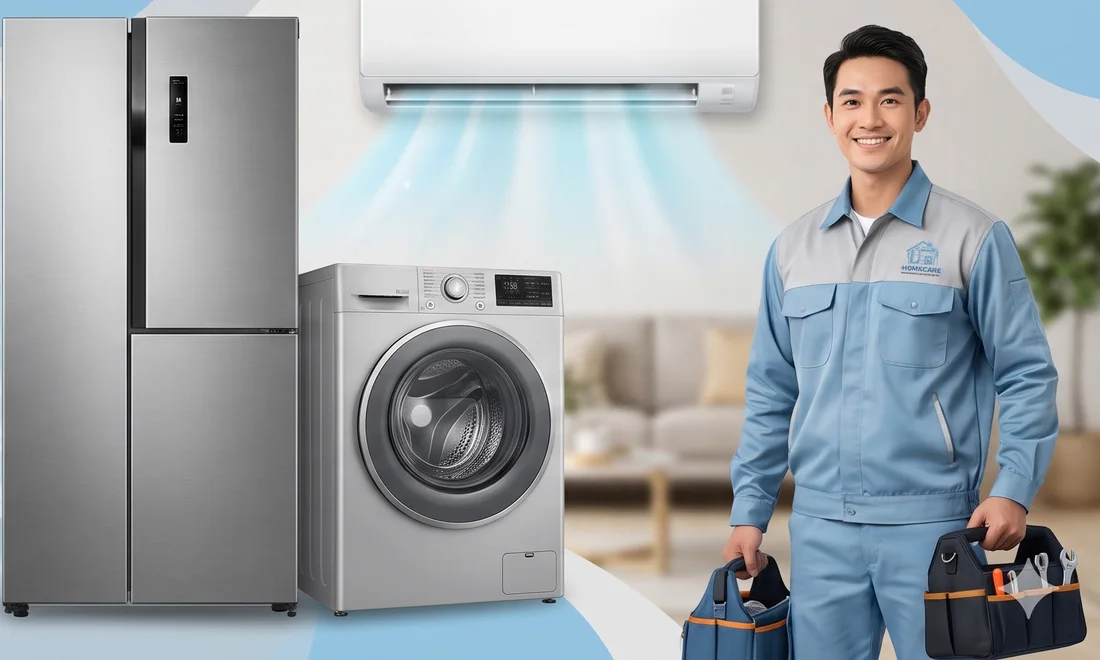 Kỹ thuật viên Homecare bên tủ lạnh, máy giặt và điều hòa